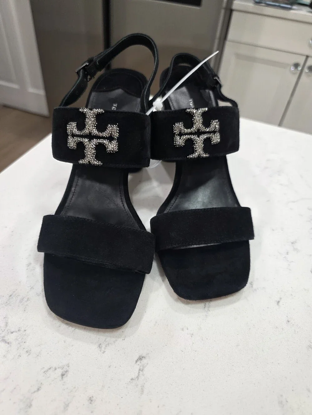Tory Burch Eleanor Pave Heel Sandal in Black Velvet Leather Rt-428$ Sz-8.5